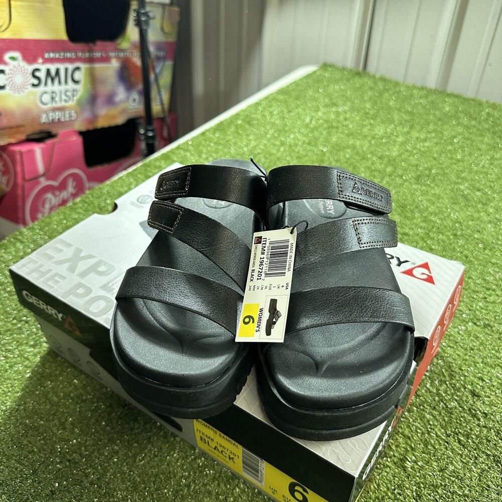 Gerry Choco Women's Size 6 Black Comfort Sandals Adjustable Strap NWT Box